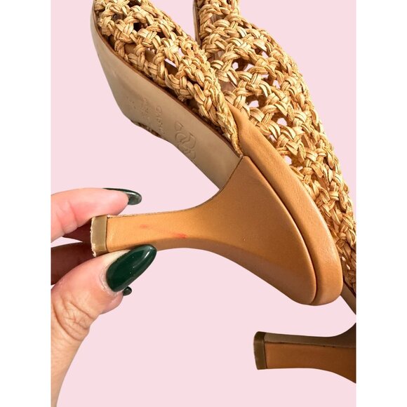 CASADEI Tan Leather Woven Mules Heels Size 37 / US 7 - Picture 5 of 11